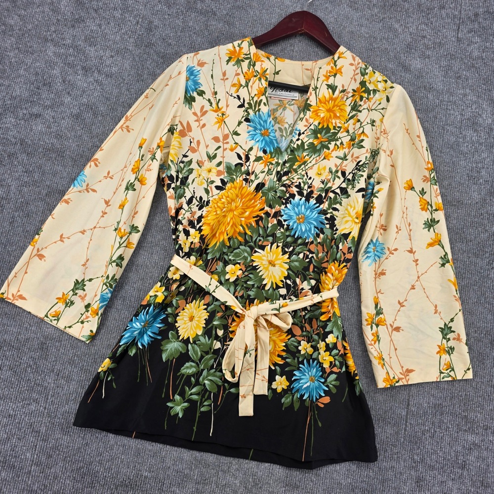 Vintage Teddi of California Floral Tunic Top Bell Sleeve Belted Cream Black 14